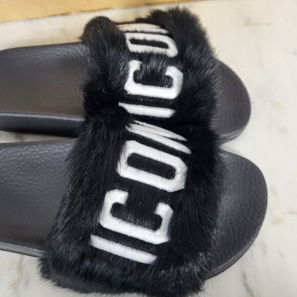 NWB~$825~DSQUARED2~8/8.5~ICON BLACK WHITE GENUINE RABBIT FUR SANDALS SLIDES - Picture 9 of 16